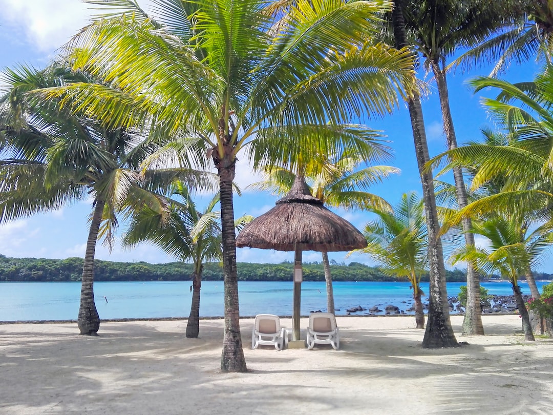 A sandy beach with palm trees, two lounge chairs, and a thatched umbrella facing calm blue water under a partly cloudy sky creates the ultimate getaway—a breathtaking escape reminiscent of private islands.
