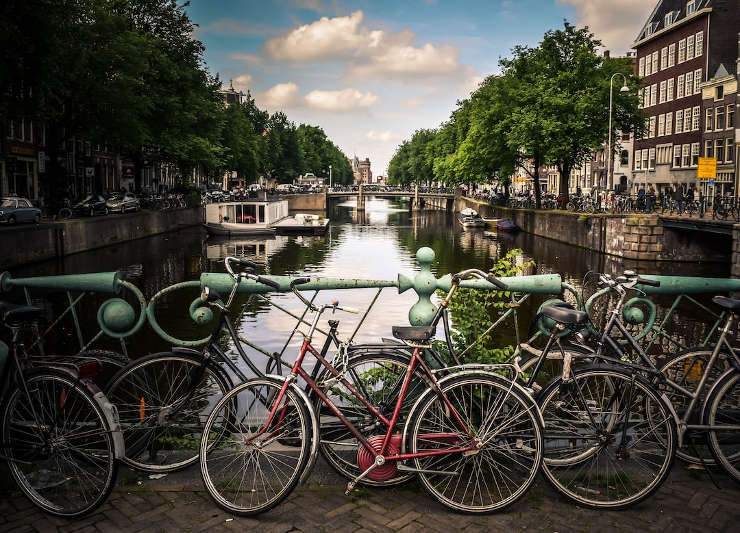 Several bicycles are parked on a bridge in Amsterdam, overlooking a canal lined with trees and buildings near renowned Amsterdam galleries under a partly cloudy sky.