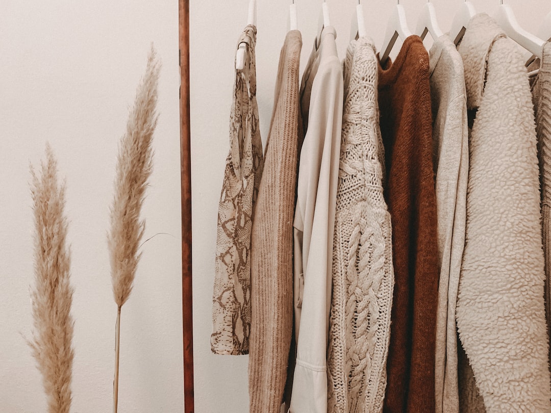 A row of neutral-toned sweaters and tops hangs on white hangers next to dried pampas grass, capturing the essence of modern fashion against a light-colored wall.
