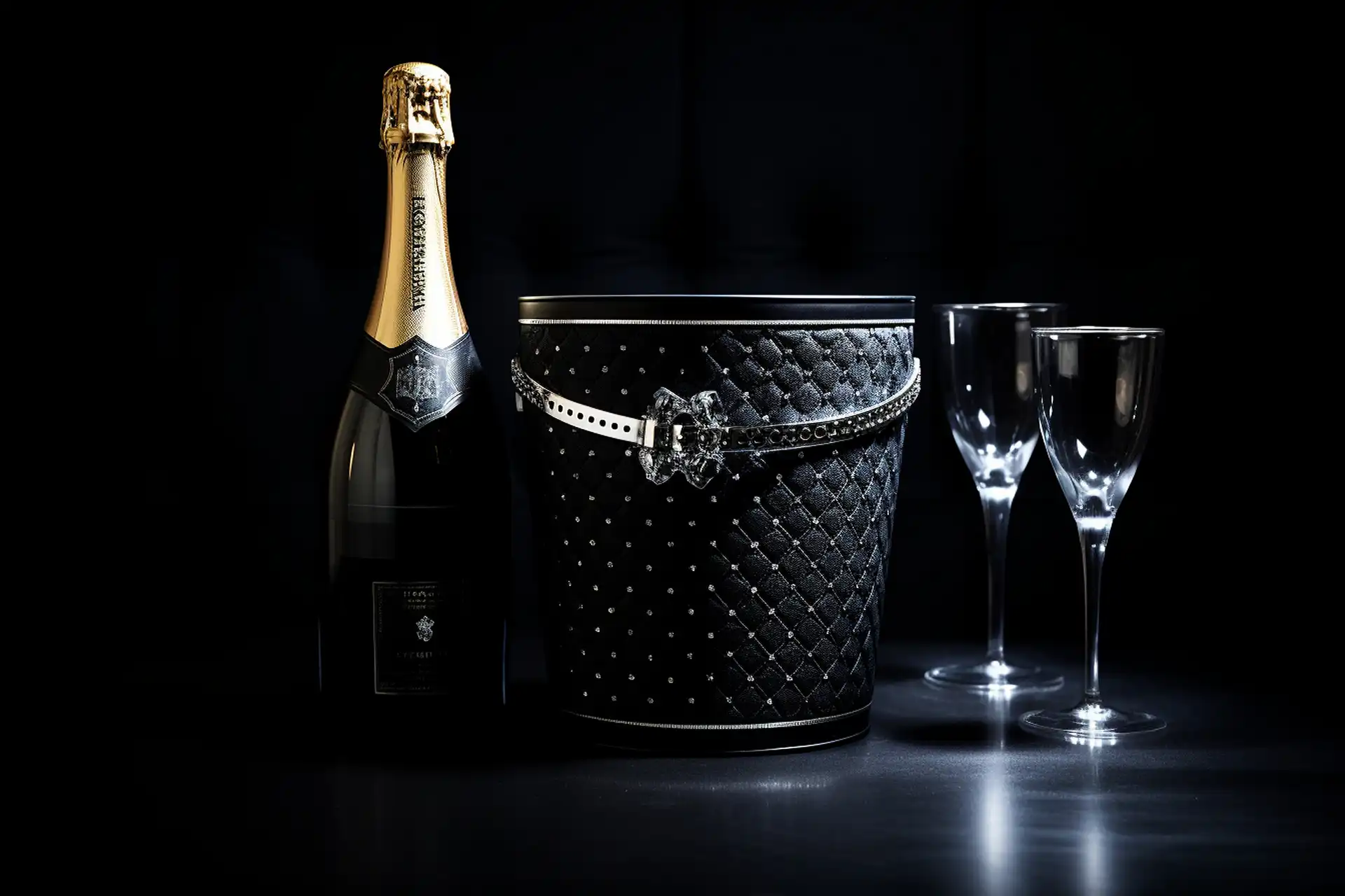 A bottle of champagne, a black quilted luxury ice bucket with a silver clasp, and two empty wine glasses rest elegantly on a dark surface against a black background.