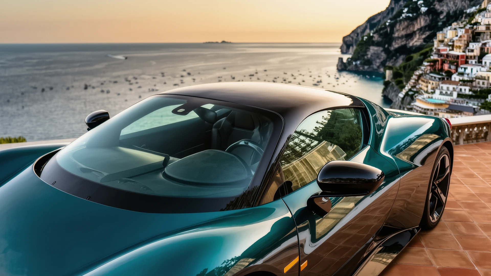 A luxury teal Ferrari sports car parked on a tiled surface near a coastline, with the sea and distant islands in the background.
