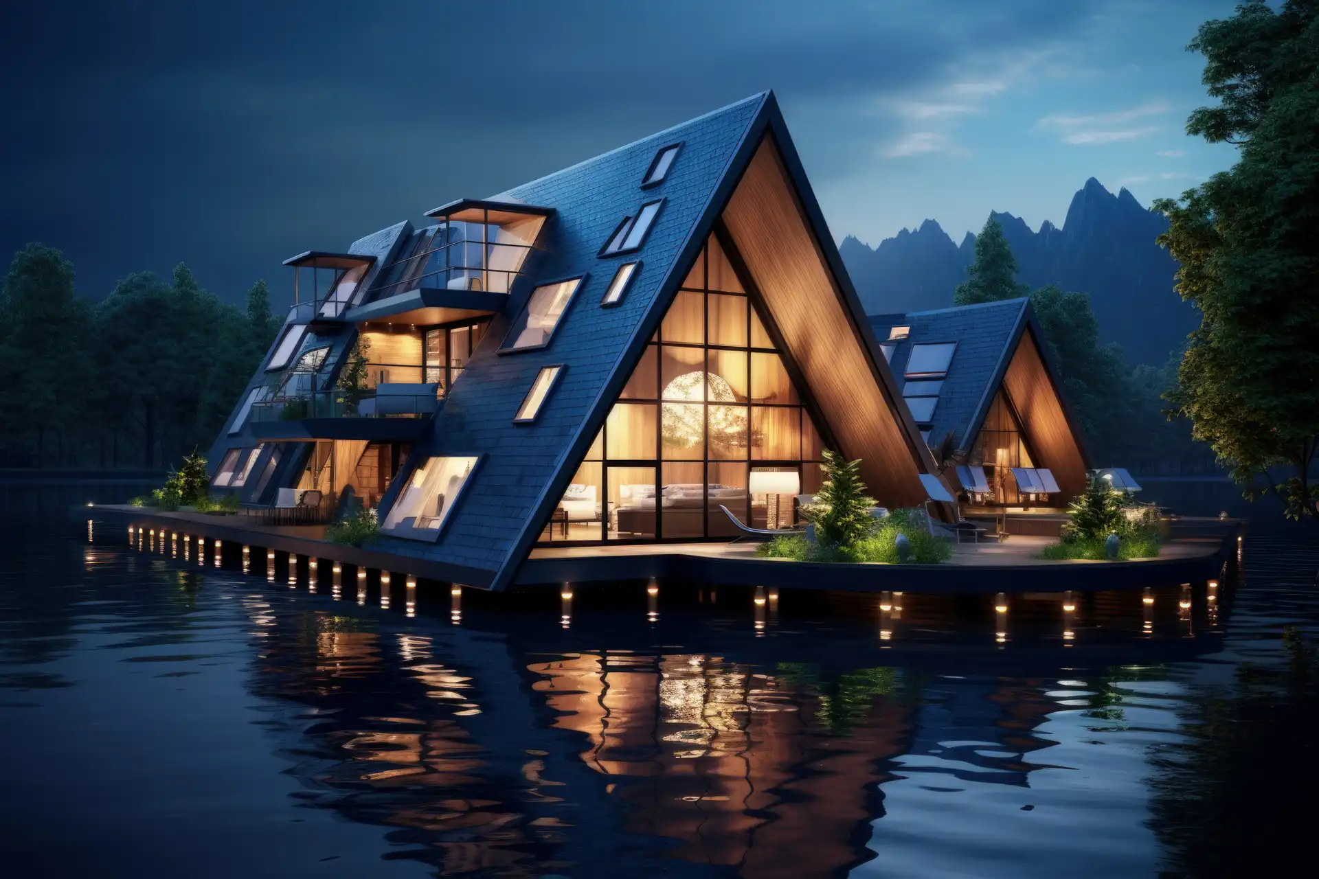 Luxury A-frame houses with large glass windows sit on a calm lake at dusk, illuminated by warm interior and exterior lights, surrounded by trees and distant mountains.