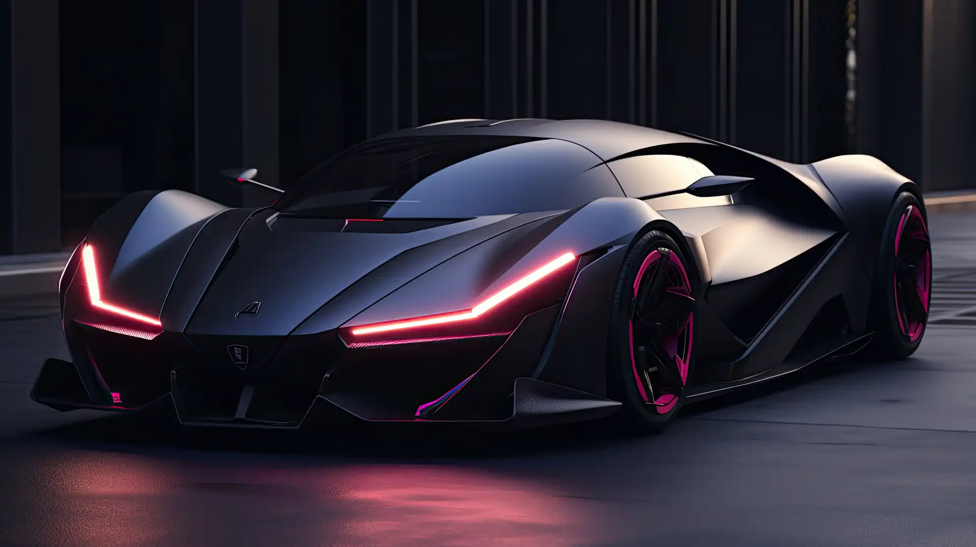 A sleek, futuristic black luxury sports car with sharp angles and illuminated pink accents is parked on a smooth, dark surface.