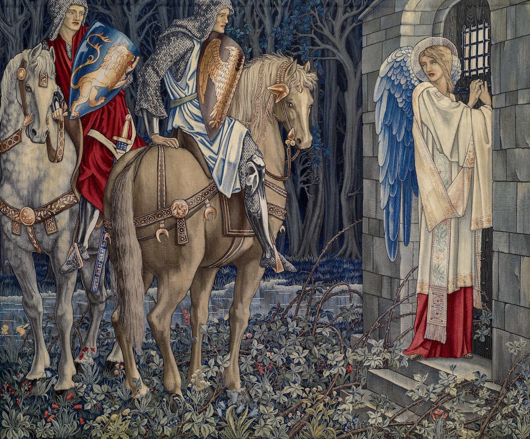 Three armored knights on horses approach a stone building in a forest, where a woman with wings and a long robe—evoking Jeremy Scott's bold designs for Moschino—stands at a window, opening a metal grate.