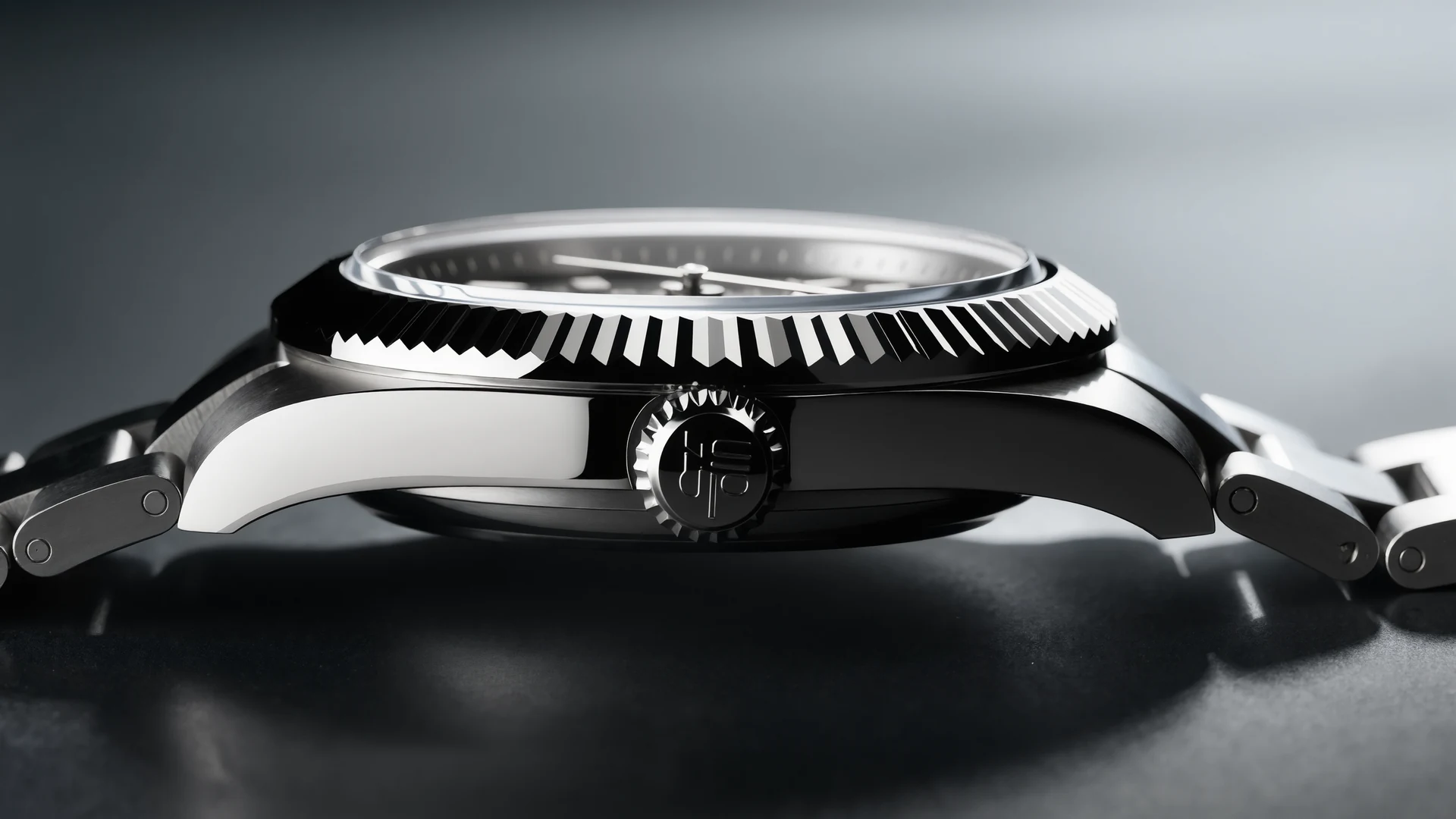 A close-up side view of a silver luxury wristwatch with a metal band, set against a blurred background featuring blue, orange, and yellow gradients.