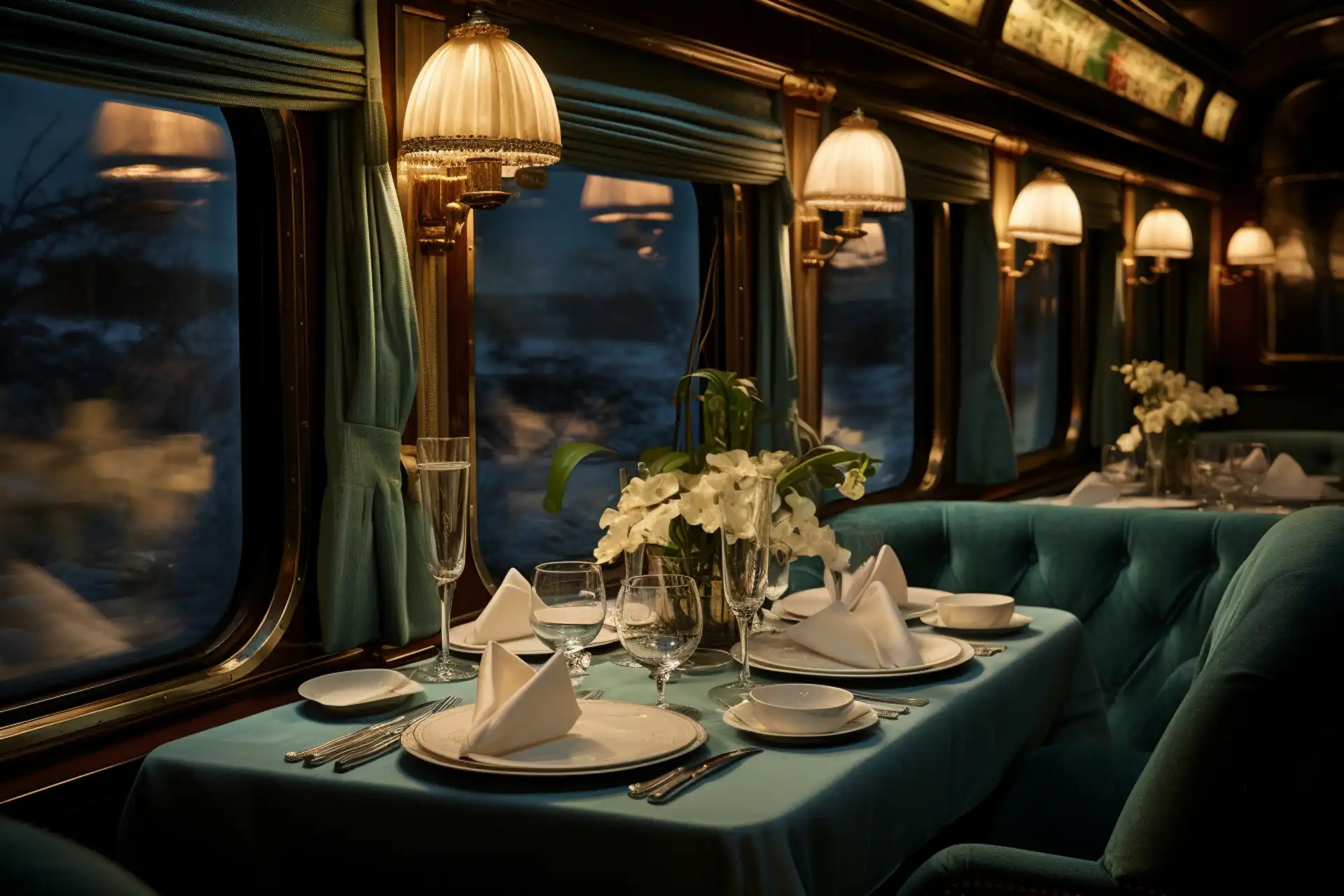Elegant luxury dining table set with white linens, glassware, and flowers inside a vintage train car featuring plush seating and lamps, with a nighttime view outside the windows.