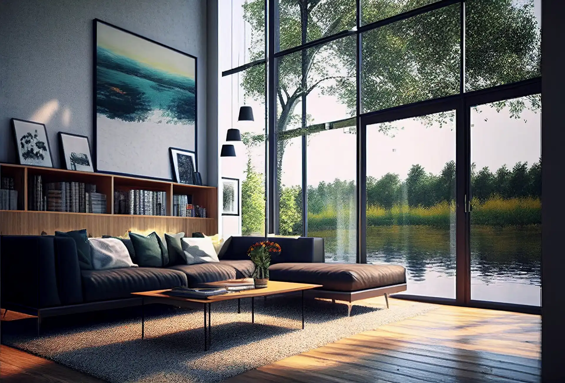 Modern luxury living room with a large sectional sofa, coffee table, bookshelves, and floor-to-ceiling windows overlooking a serene lakeside view with trees and sunlight.