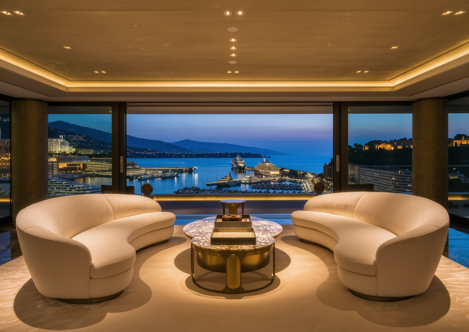 Luxury modern living room with curved cream sofas, round glass coffee table, large chandeliers, wall fireplace, and floor-to-ceiling windows. Neutral tones are elevated by gold and black accents for a sophisticated touch.