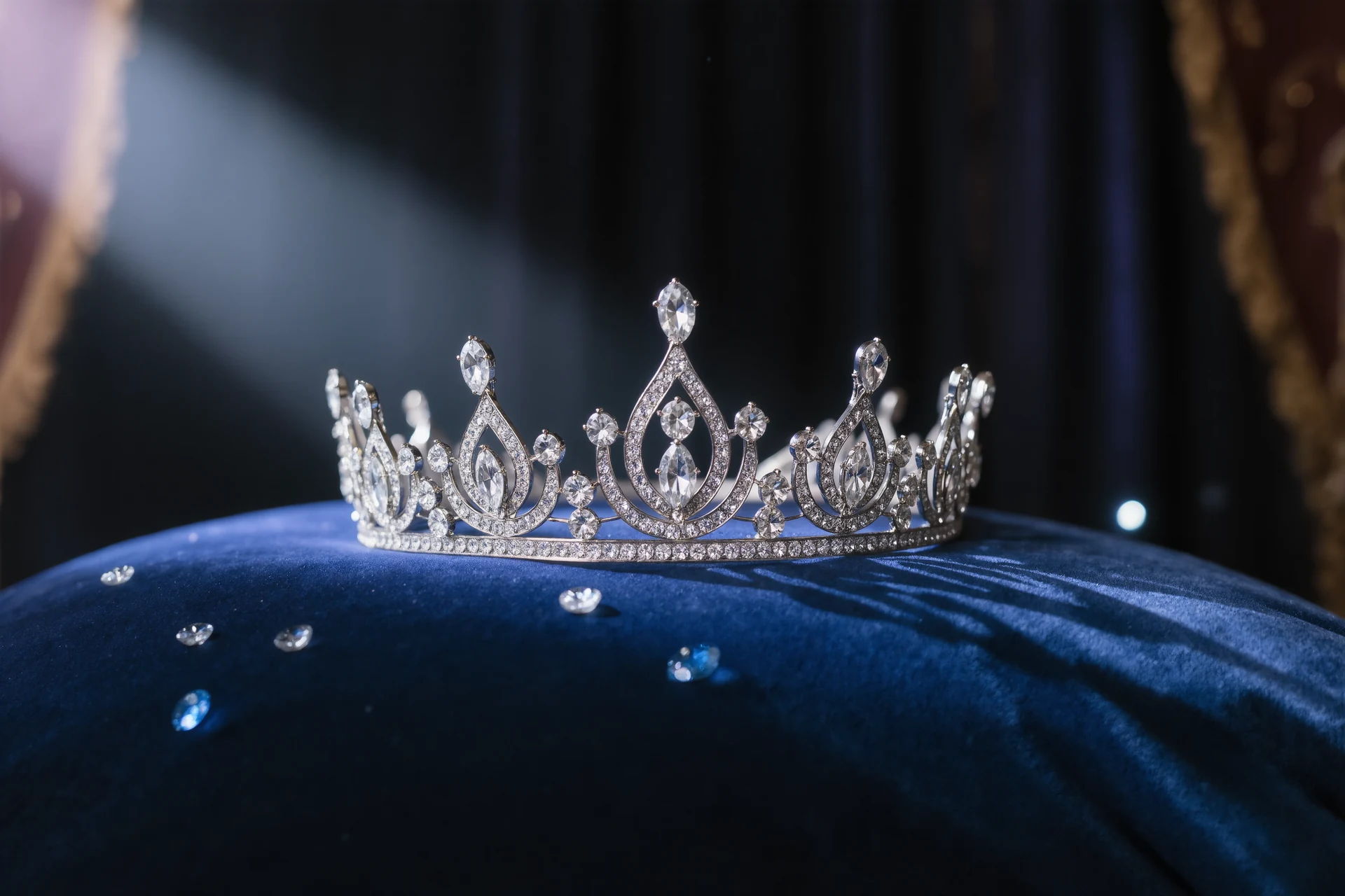 A silver jeweled crown rests on a dark blue velvet fabric background, evoking the elegance of Audrey Eckert, Miss USA 2025.