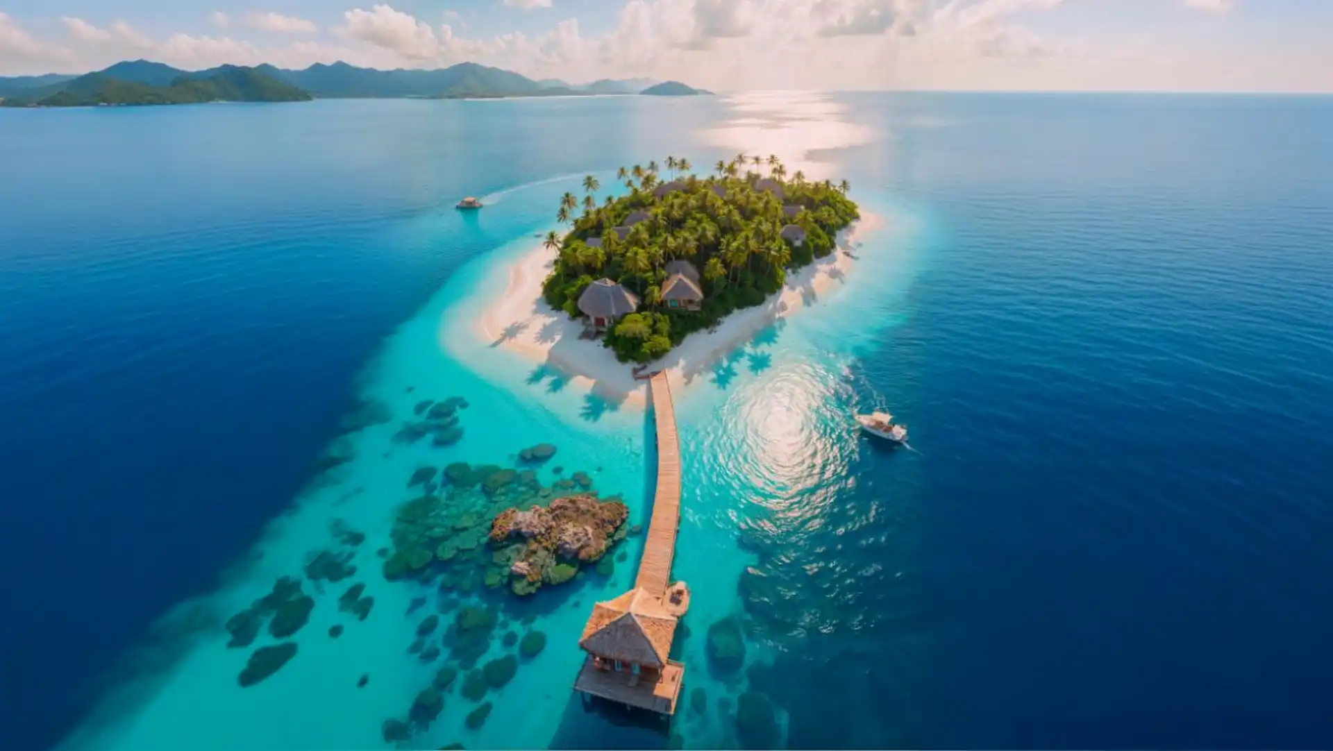 A small luxury tropical island with palm trees, surrounded by turquoise water, connected to a wooden pier and bordered by reefs, with boats nearby under a clear sky.