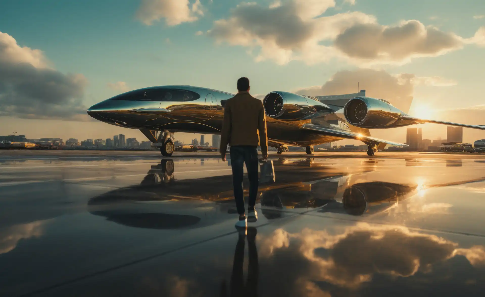 A person walks toward a sleek, modern luxury jet on a wet tarmac at sunset, with a city skyline visible in the background.