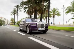 A luxury purple Rolls-Royce sedan glides down a palm tree-lined street on an overcast day.