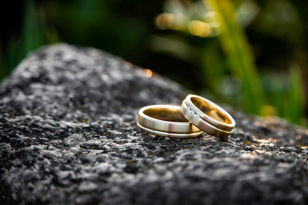Two gold wedding bands rest on a rough, gray stone surface with blurred green foliage in the background.