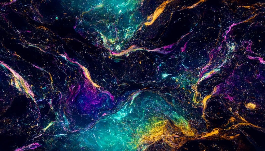 Abstract image featuring swirling patterns of blue, purple, yellow, and orange, resembling a colorful, cosmic or nebula-like scene with bright and dark areas—evoking the vibrant palettes seen in 2021 jewelry trends.