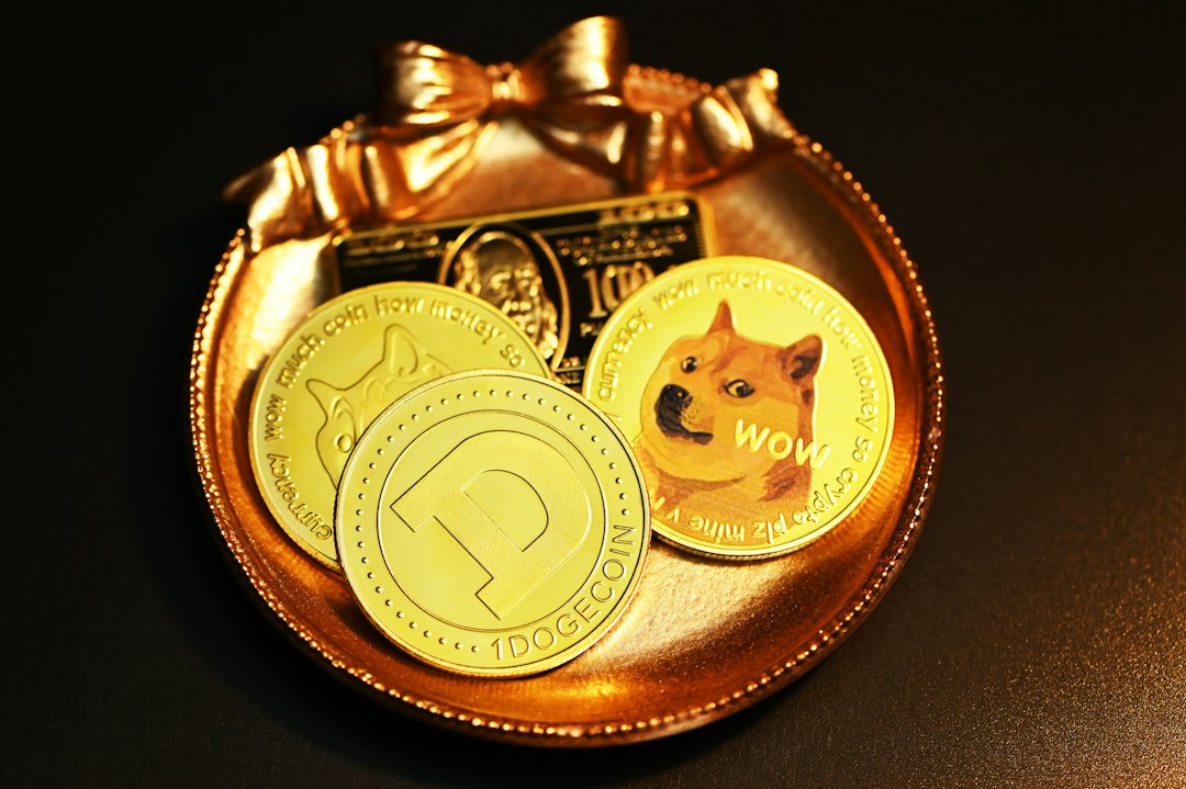 A small golden dish holds two Dogecoin tokens and a gold-colored Bitcoin note, evoking the allure of affordable jewelry against a dark background.