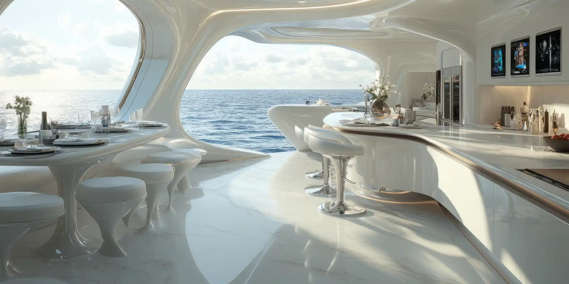 Futuristic luxury yacht interior with white glossy surfaces, a dining area, bar stools, and large windows overlooking the ocean under a partly cloudy sky.