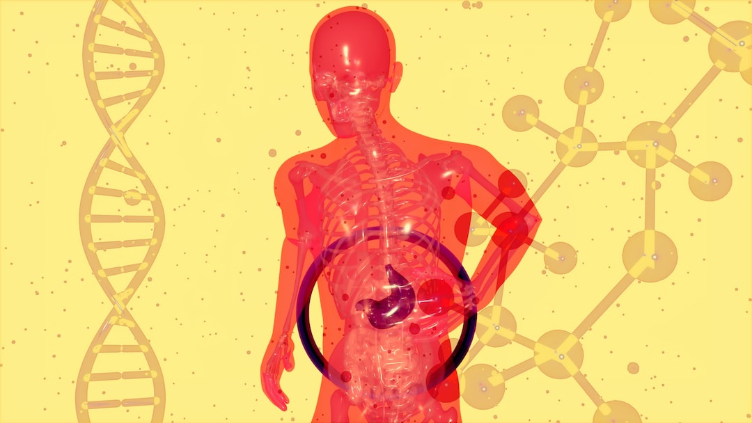 A transparent human figure showing internal organs, with the stomach highlighted and DNA and molecular structures in the background, symbolizing the evolution of molecular gastronomy and its impact on our understanding of digestion.