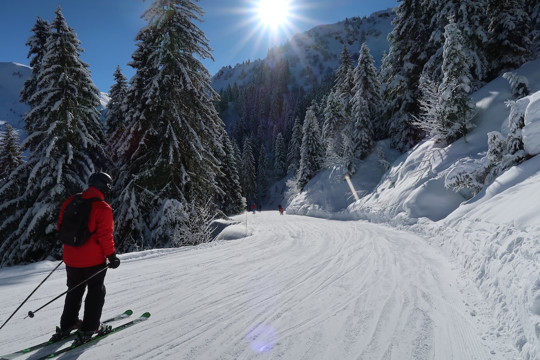A skier in a red jacket glides down a snowy slope at one of the exclusive ski resorts, surrounded by snow-covered trees under a bright sun and clear blue sky.
