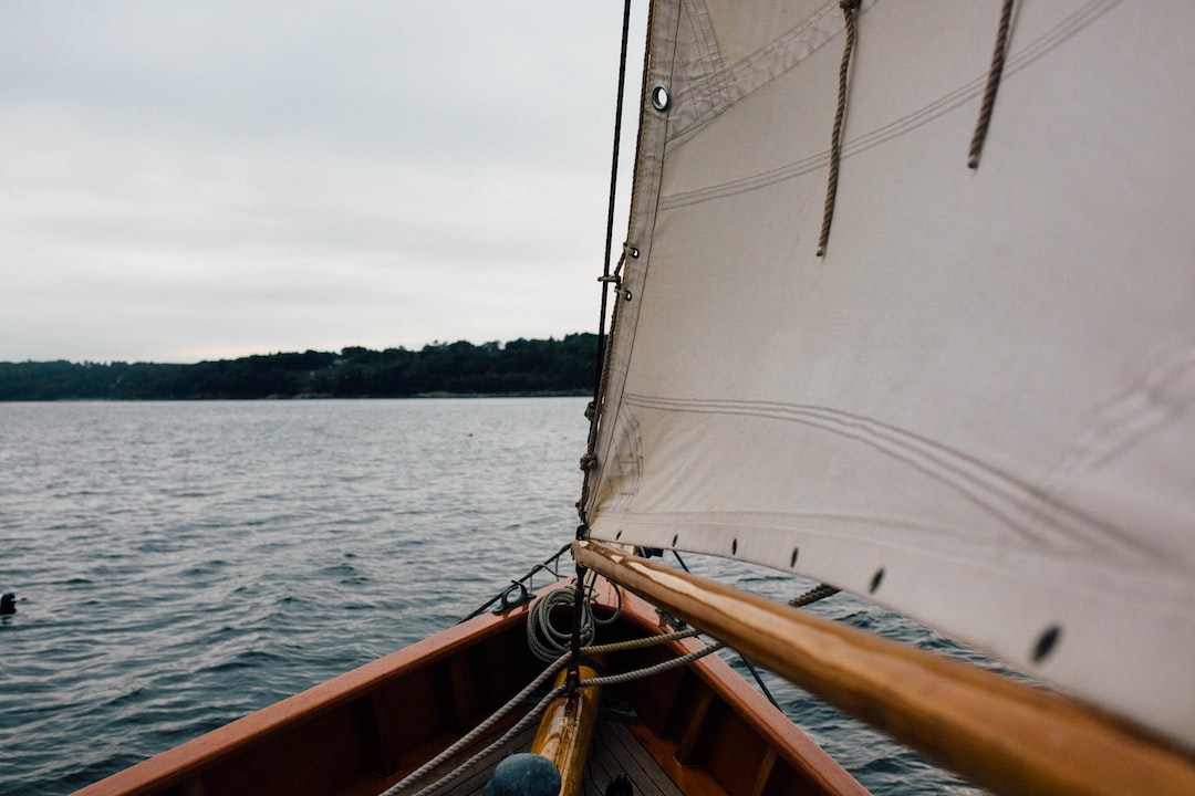 View from a wooden sailboat sailing on a calm body of water, with Nautical Elegance evident in the partially visible white sail and a forested shoreline in the distance under a cloudy sky.