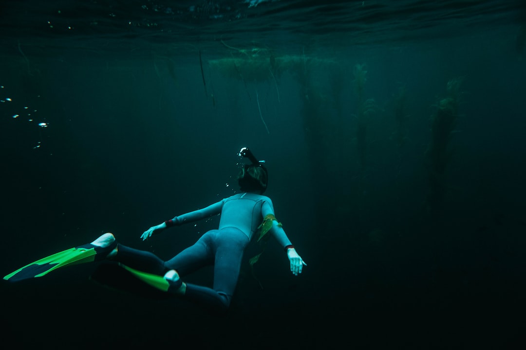 A person wearing a wetsuit, snorkel, and fins swims underwater near tall aquatic plants in dark blue water, capturing the spirit of luxury travel for those seeking unique fishing expeditions beneath the surface.