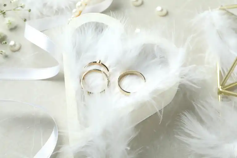 a heart shaped box with feathers and rings