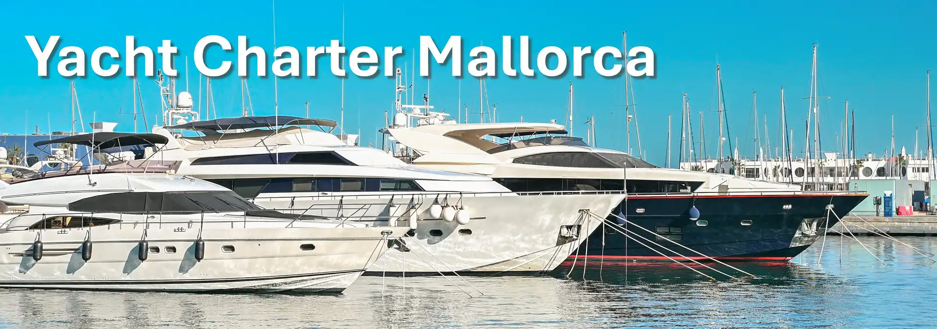 Several luxury yachts are docked at a marina under a clear blue sky, with the text 